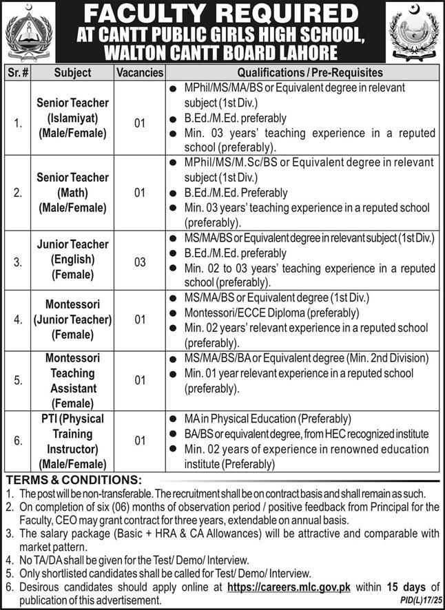 Jobs in Cantt Public Girls High School Lahore